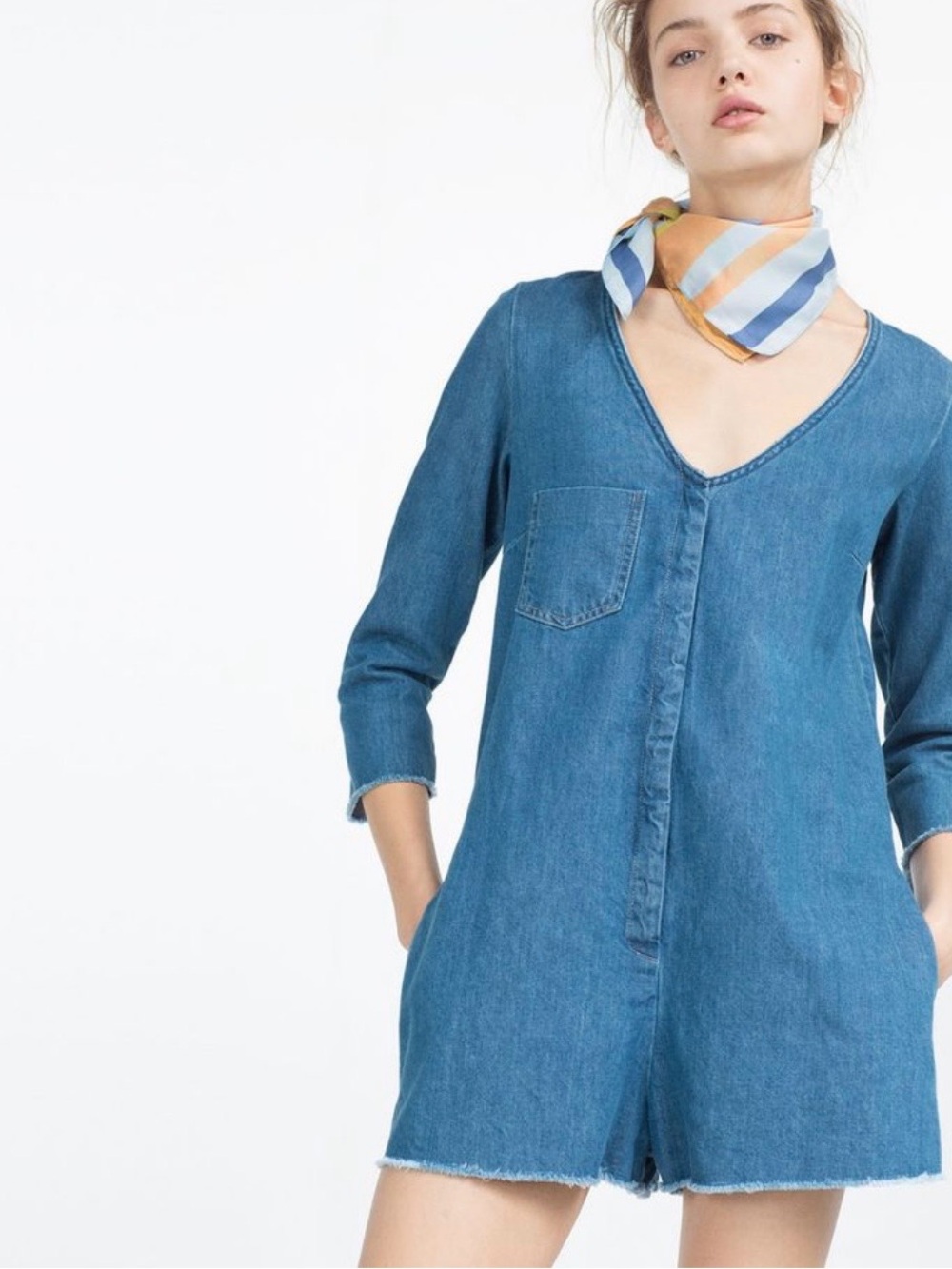 Zara Trafaluc Denim Romper Medium Blue Long Sleeve Raw Hem M
